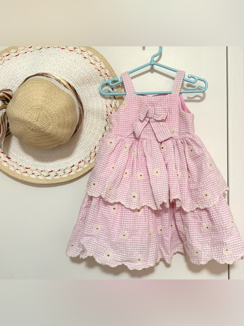 Blueberi Boulevard Pink Checkered Dress with Floral Accents